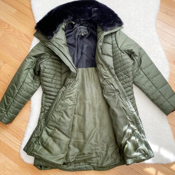 WEATHERPROOF Women's Modern Shaped Puffer Coat, Faux Fur, Olive, Size 1X - Picture 2 of 9